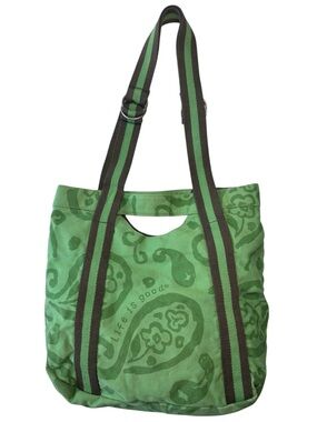 Life is Good Green Paisley Canvas Tote Bag Striped Strap Shoulder Bag Casual EUC
